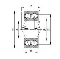 角接觸球軸承 3804-B-TVH, 雙列，接觸角 α = 25°