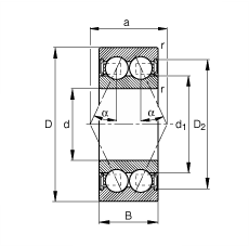 角接觸球軸承 3804-B-2RSR-TVH, 雙列，雙側唇密封，接觸角 α = 25°
