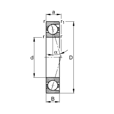 主軸軸承 B7044-C-T-P4S, 調節，成對安裝，接觸角 α = 15°，限制公差